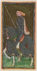 O cavaleiro de espadas, fac-símile de uma carta de tarot do baralho Visconti, 1441-47